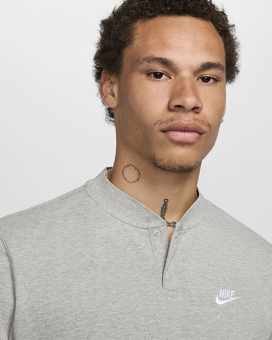 Henley de manga larga para hombre Nike Club - Gris oscuro jaspeado/Gris humo claro/Blanco