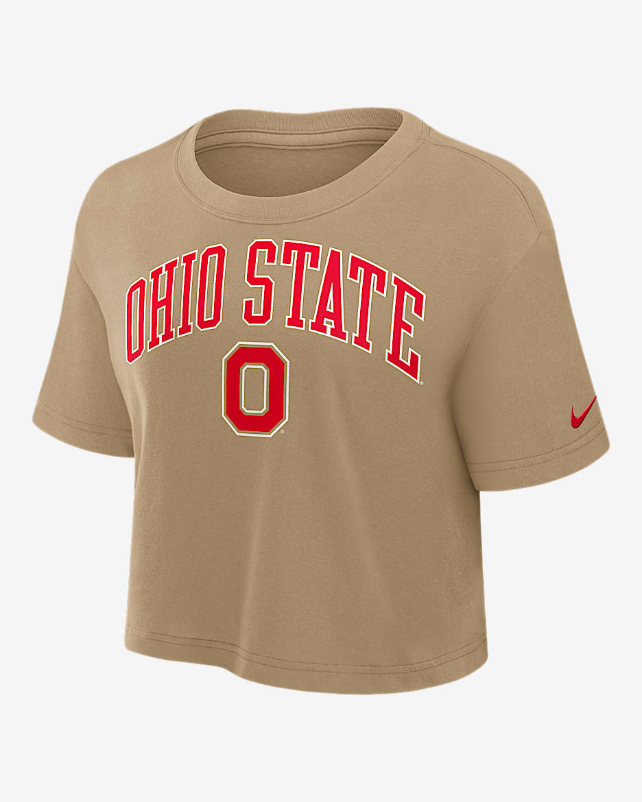 Playera universitaria Nike Dri-FIT cropped para mujer Ohio State Athletic Prep Arch - Beige paracaídas