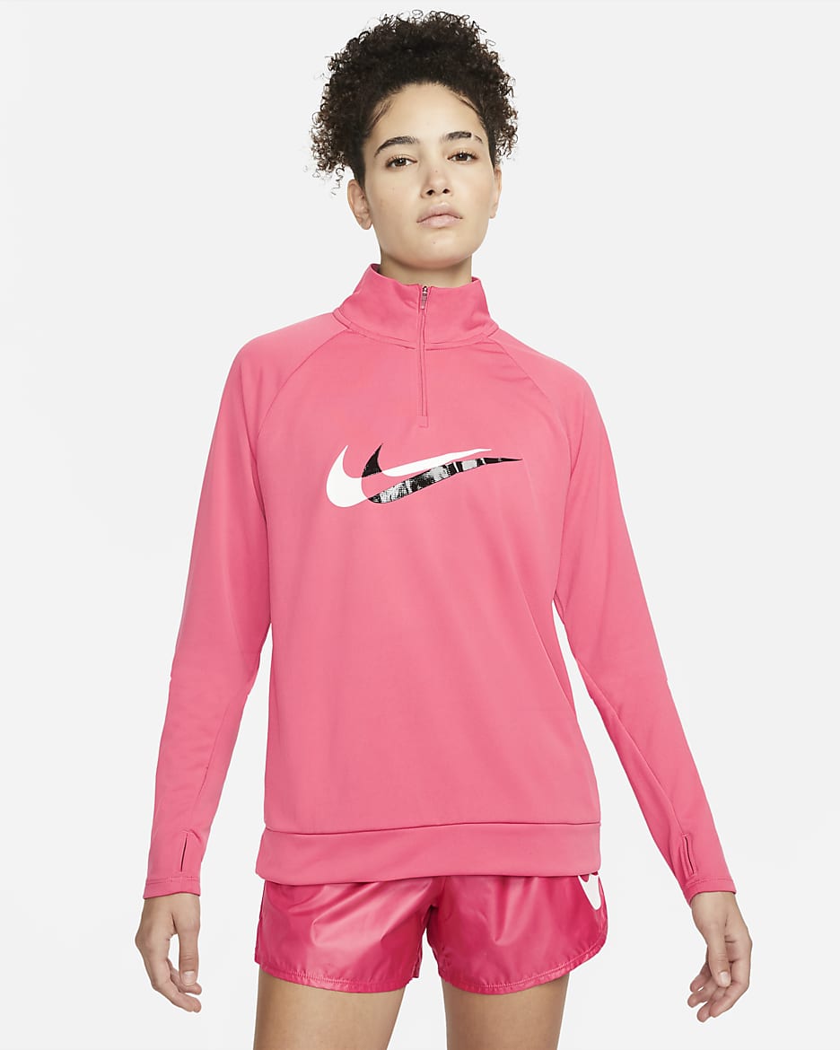 Capa intermedia de running con cierre de 1/4 para mujer Nike Dri-FIT Swoosh Run - Rosa arcaico/Negro/Blanco