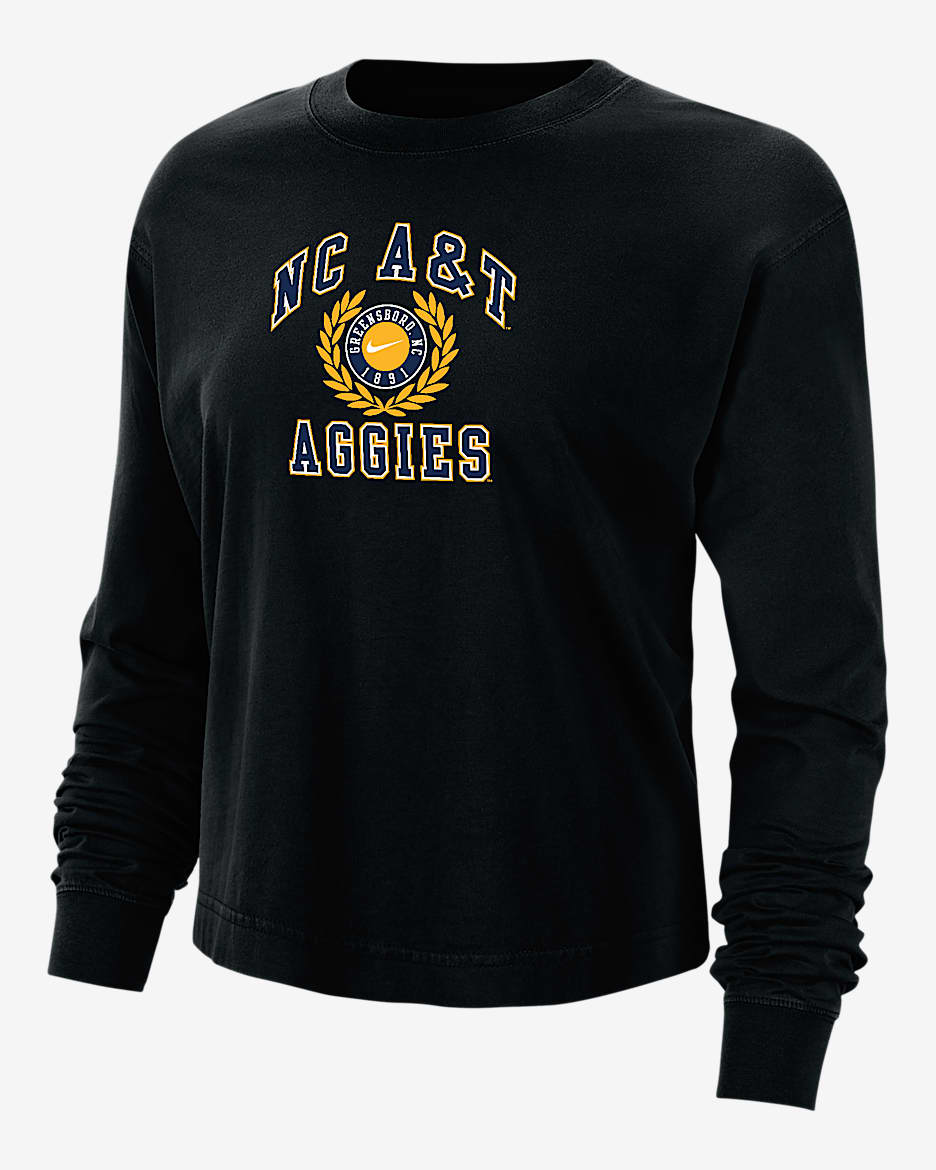 Playera de manga larga universitaria Nike de corte cuadrado para mujer North Carolina A&T - Negro