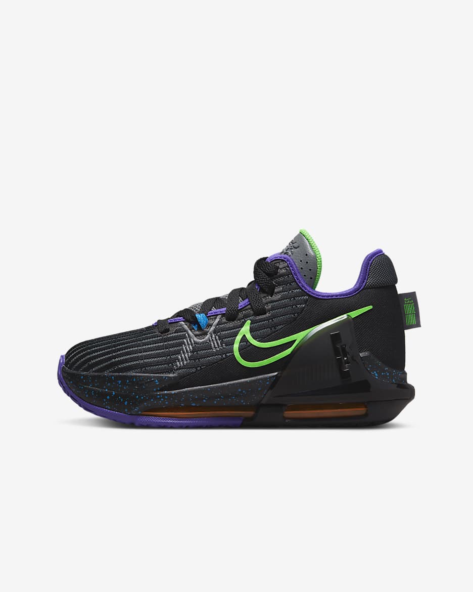 Calzado de básquetbol para niños talla grande LeBron Witness 6 - Negro/Naranja total/Morado psíquico/Verde strike