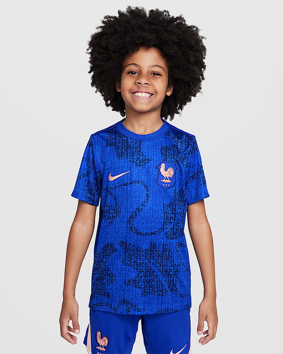 FFF Academy Pro Older Kids' Nike Dri-FIT Football Pre-Match Short-Sleeve Top - Lyon Blue/Bright Blue/Blue Void/Light Madder Root