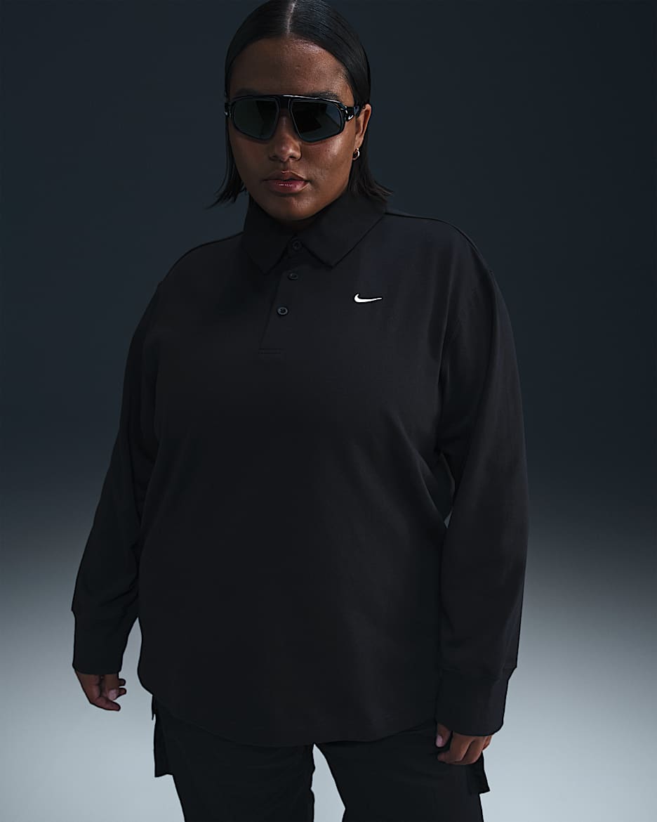 Nike Sportswear Essential Women's Oversized Long-Sleeve Polo (Plus Size) - Black/Sail