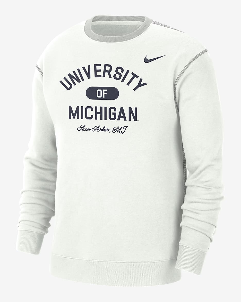 Michigan Men's Nike College Crew-Neck Top - Summit White/Grey Fog/College Navy