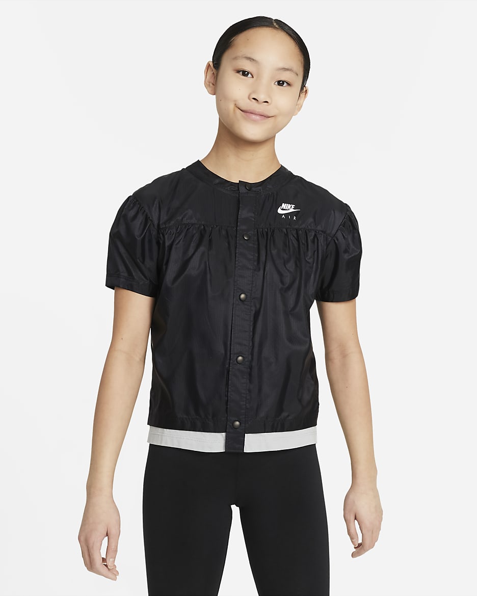 Nike Air Big Kids' (Girls') Woven Short-Sleeve Top - Black/Light Smoke Grey/Black/White