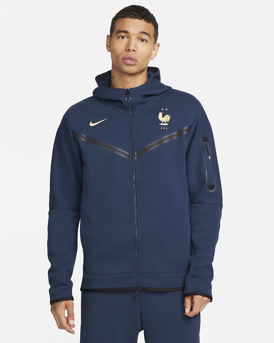 Sudadera con gorro de Tech Fleece con cierre completo Nike para hombre de Francia - Azul marino medianoche/Oro metalizado