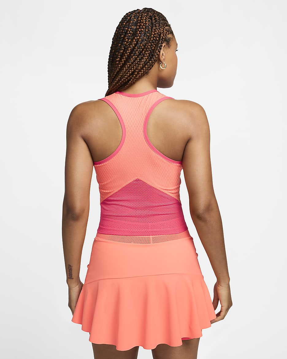 Camiseta de tirantes de tenis Dri-FIT para mujer NikeCourt Slam - Mango salvaje claro/Rosa margarita/Rosa margarita/Negro