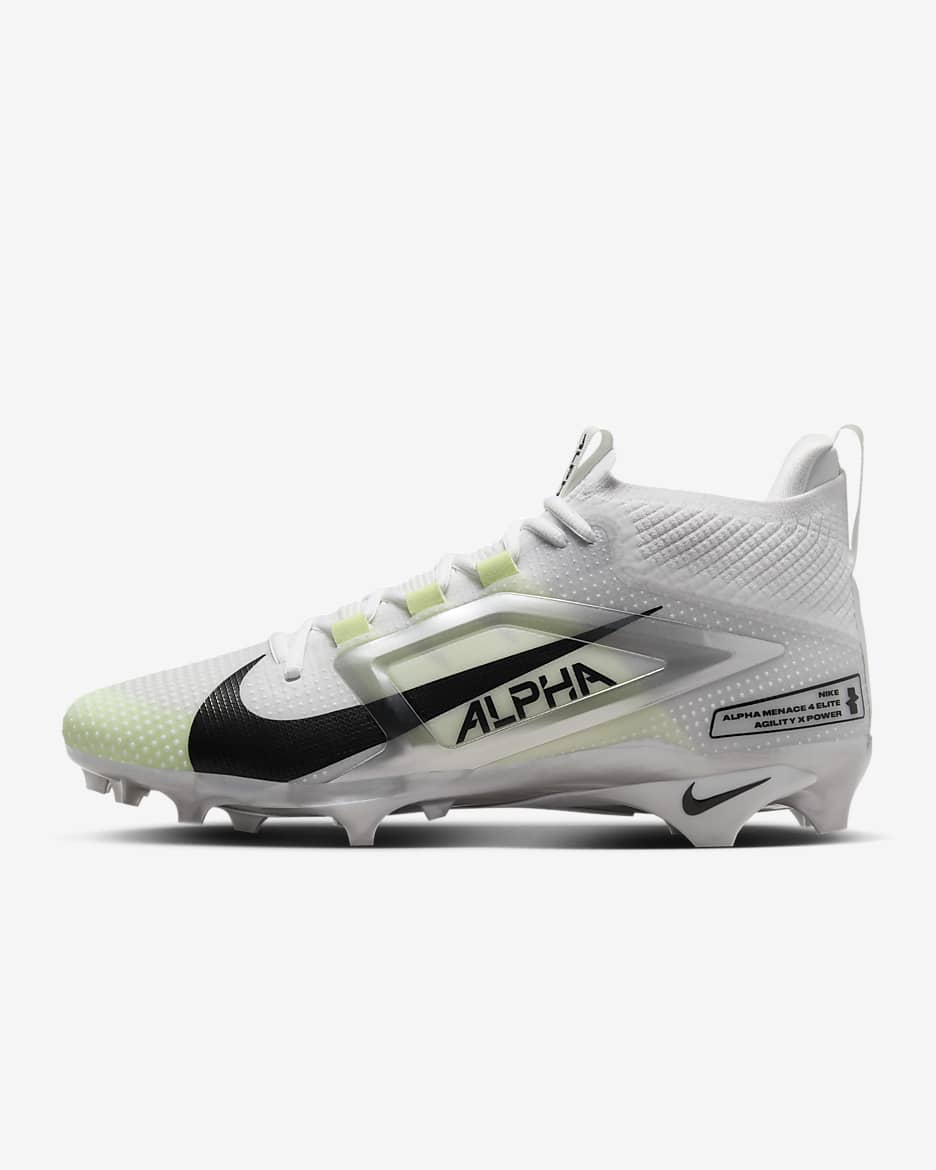 Tacos  de fútbol americano Nike Alpha Menace 4 Elite - Blanco/Plata metalizado/Polvo fotón/Negro