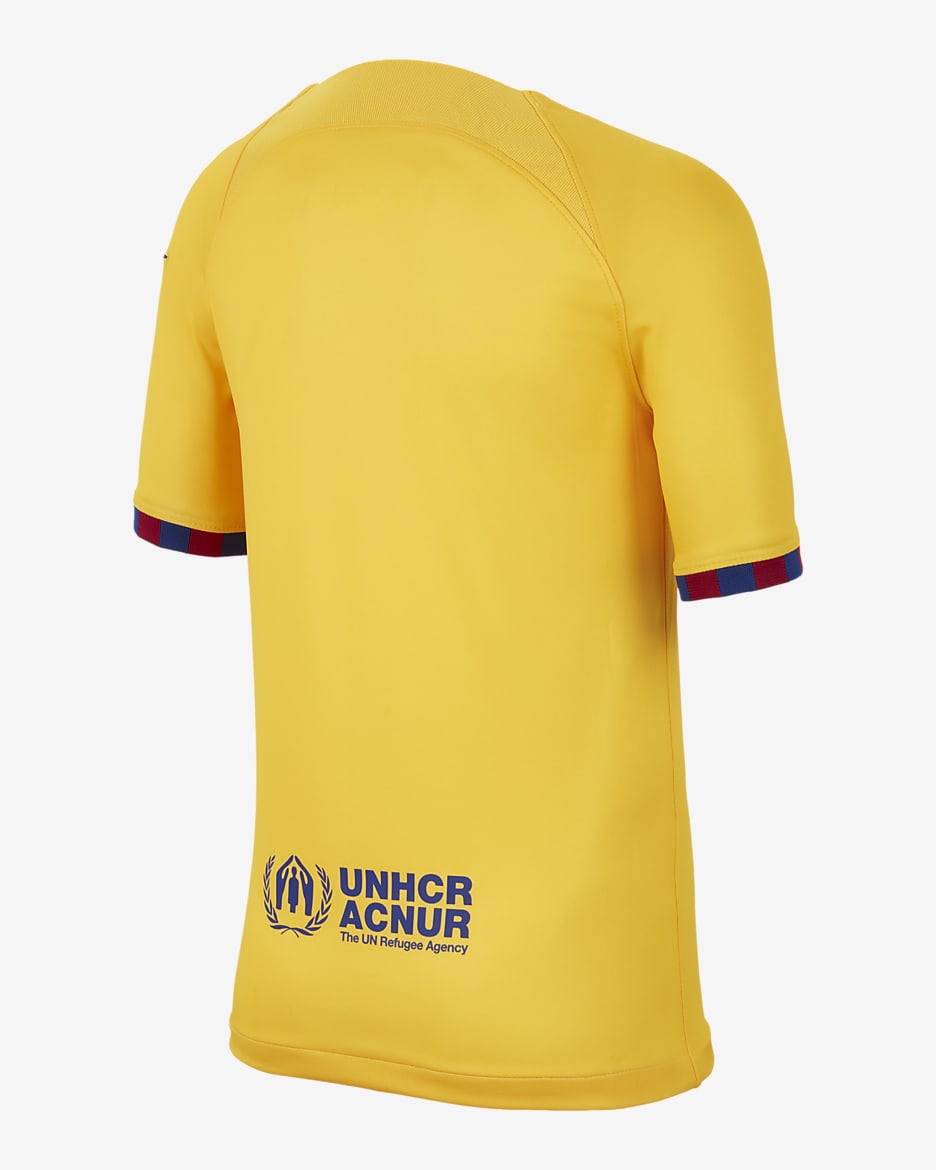 F.C. Barcelona 2023/24 Stadium Fourth Older Kids' Nike Dri-FIT Football Shirt - Amarillo/University Red/Deep Royal Blue