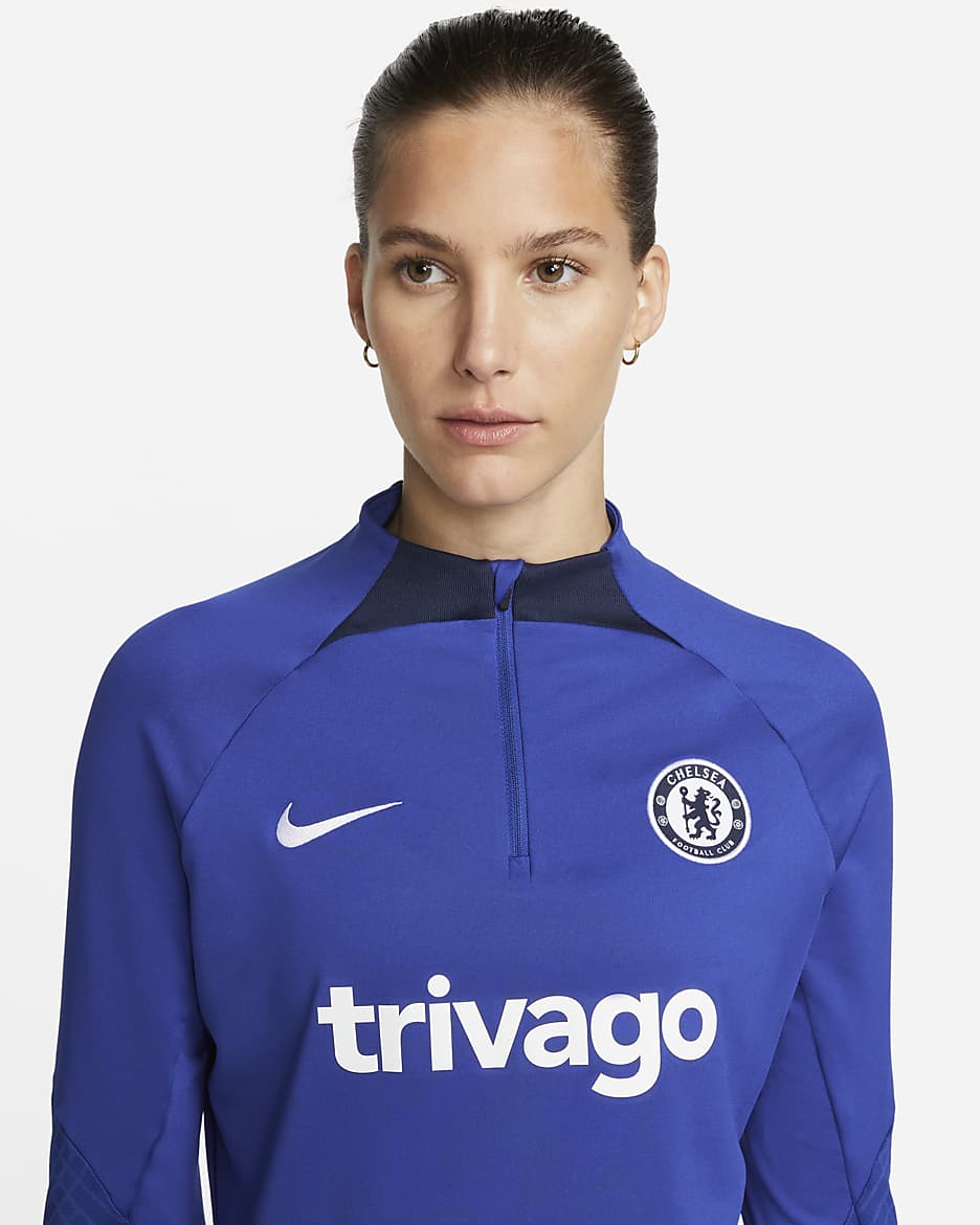 Camiseta de entrenamiento de fútbol Nike Dri-FIT para mujer Chelsea FC Strike - Azul enérgico/Azul marino universitario/Blanco