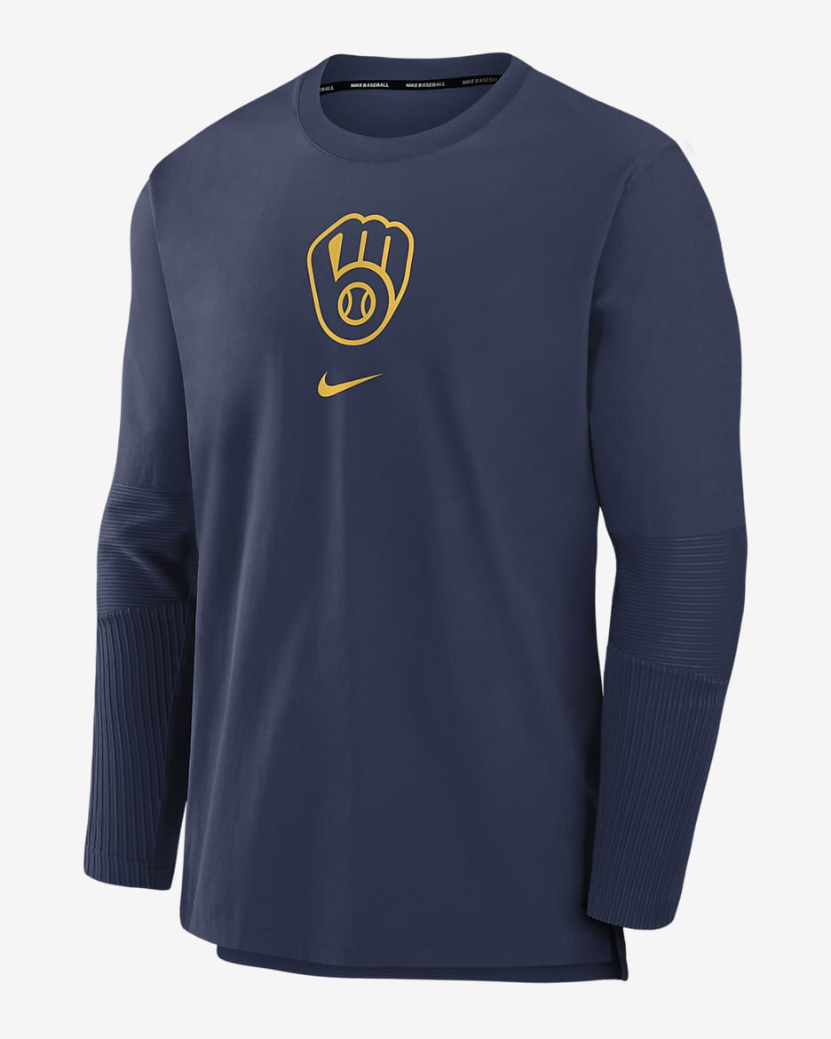 Chamarra sin cierre Nike Dri-FIT de la MLB para hombre Milwaukee Brewers Authentic Collection Player - Azul marino