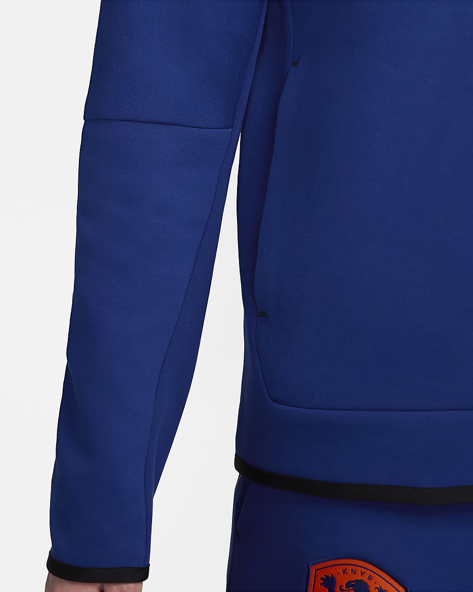 Pánská fotbalová mikina Nike Nizozemsko Tech Fleece Windrunner s kapucí a zipem po celé délce - Deep Royal Blue/Safety Orange