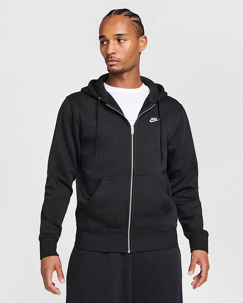 Sudadera con gorro de tejido Fleece y cierre completo para hombre Nike Club - Negro/Negro/Blanco