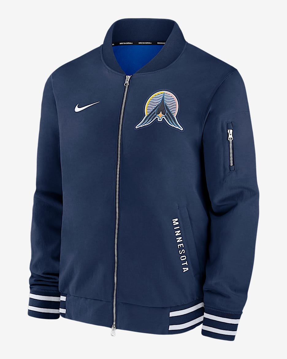 Chamarra bomber Nike de la MLB de cierre completo para hombre Minnesota Twins Authentic Collection City Connect - Azul marino