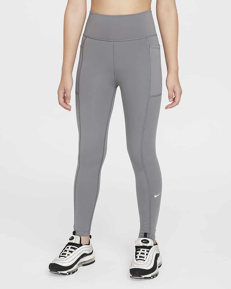 Nike One Big Kids' (Girls') Dri-FIT High-Waisted Leggings with Pockets - Smoke Grey/White