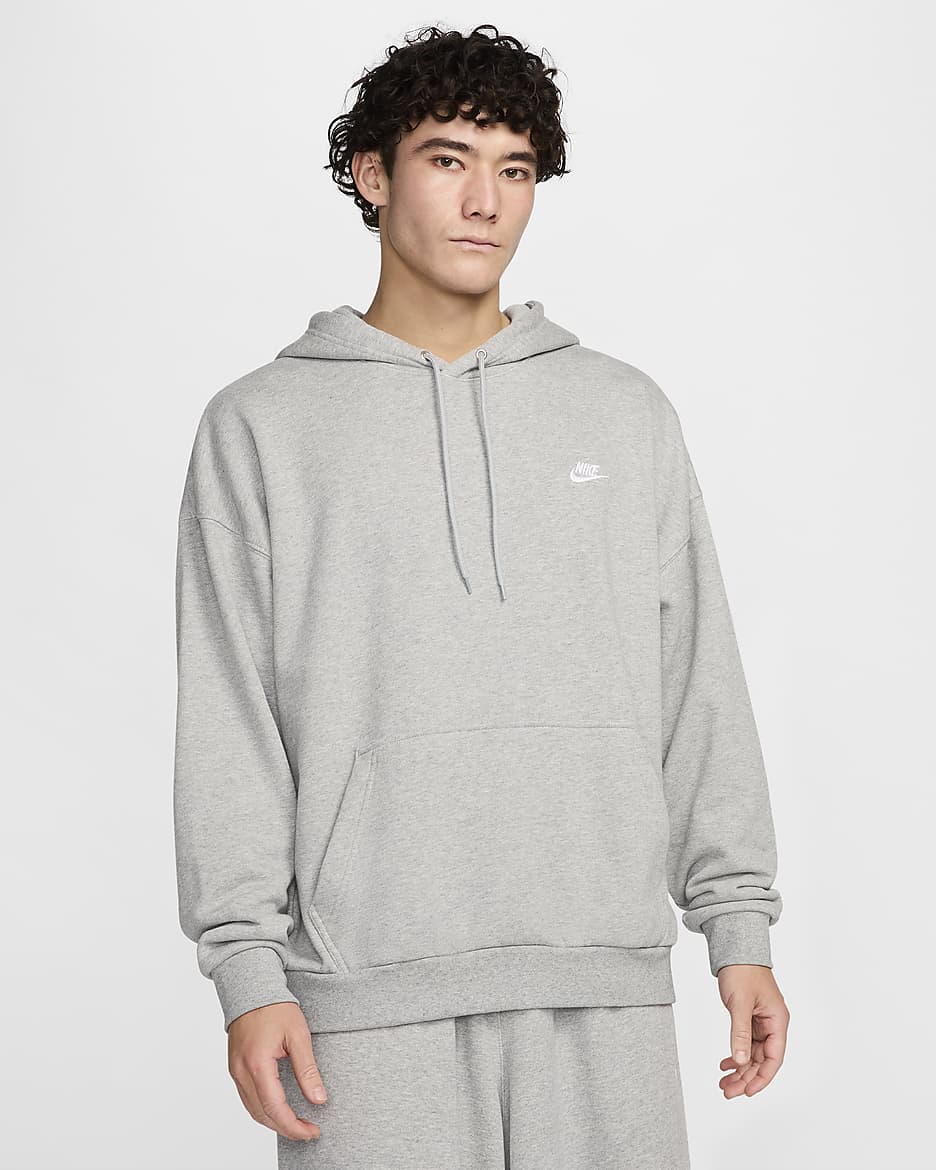 Nike Club Fleece Men's Oversized French Terry Pullover Hoodie - Dark Grey Heather/Light Smoke Grey/White