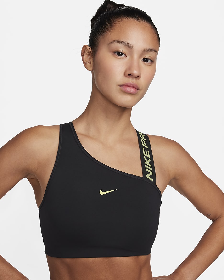 Nike Pro Swoosh Women's Medium-Support 1-Piece Pad Asymmetrical Sports Bra - Black/Light Lemon Twist/Light Lemon Twist