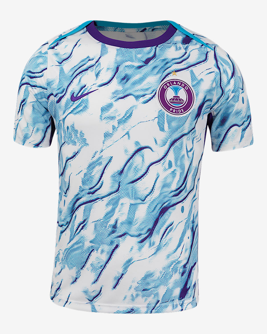 Playera de manga corta Nike de la NWSL para antes del partido para hombre Orlando Pride 2025 - Morado campo/Blanco