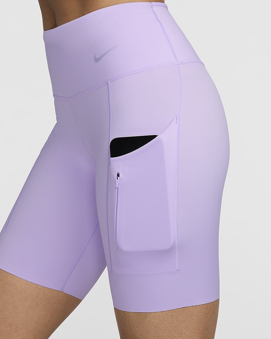 Nike Go-bikershorts (20 cm) med kraftig støtte, mellemhøj talje og lommer til kvinder - Lilac Bloom/sort