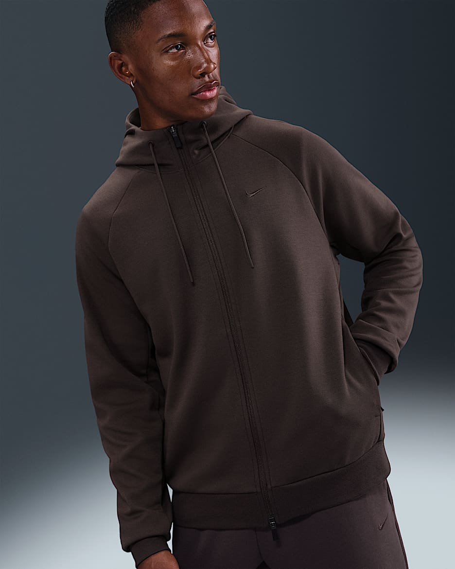 Nike Primary Fleece Sudadera con gorro de alto rendimiento Dri-FIT UV de cierre completo para hombre - Marrón barroco/Marrón barroco