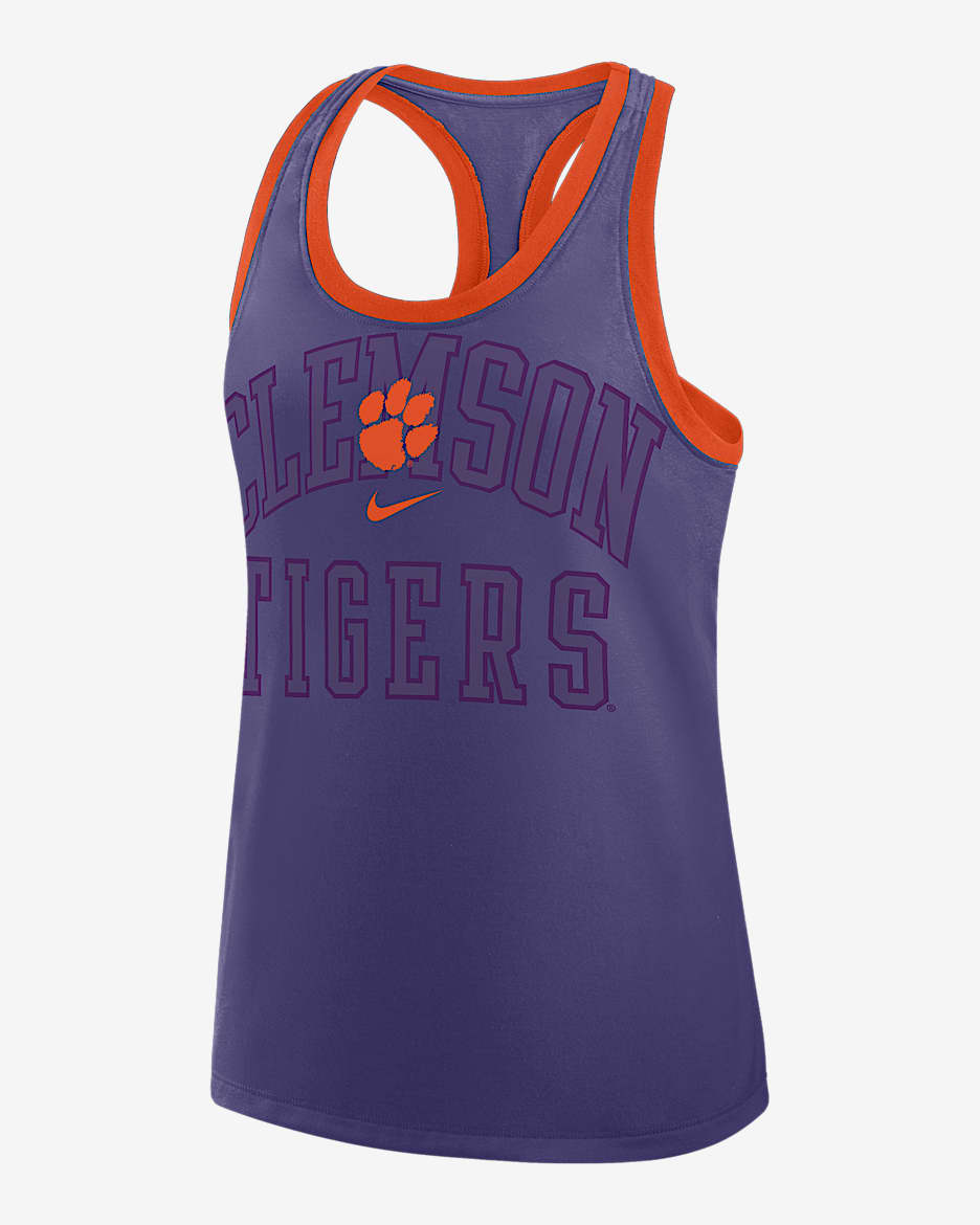 Camiseta de tirantes universitaria Nike con espalda deportiva para mujer Clemson Primetime Shadow - Morado