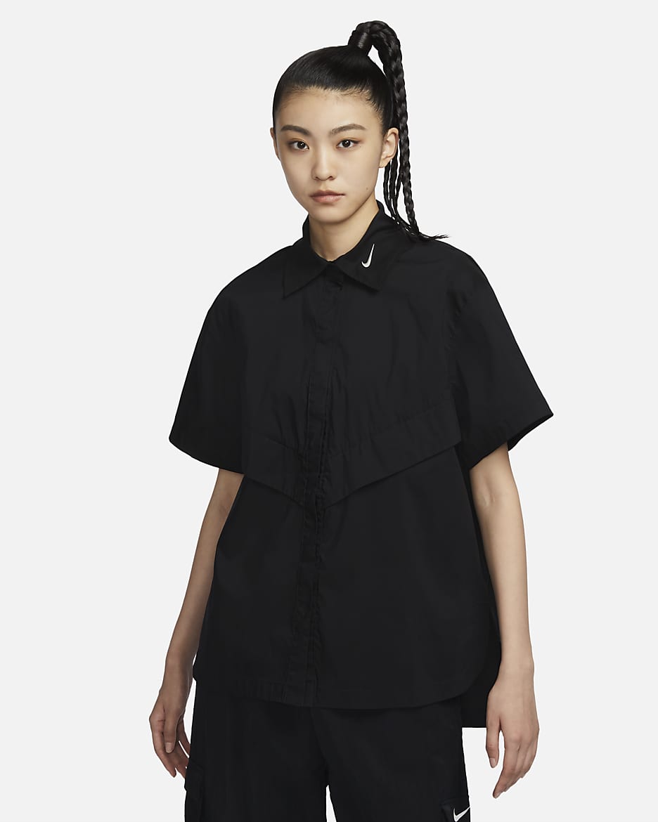 Nike Sportswear Collection Women's Woven Short-Sleeve Top - Black/Light Orewood Brown