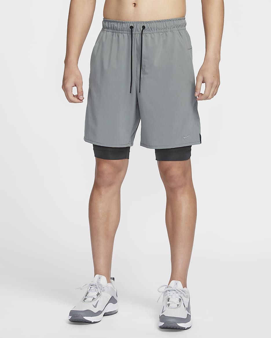 Nike Dri-FIT Unlimited 男款二合一 18 公分多功能短褲 - Smoke Grey/Dark Smoke Grey/黑色/Smoke Grey