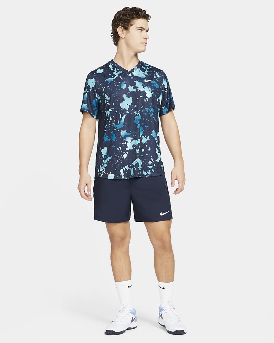 NikeCourt Dri-FIT Victory Men's Printed Tennis Top - Obsidian/Obsidian/White