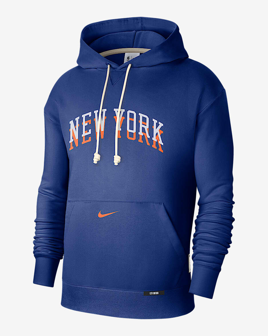 Sudadera con gorro Nike Dri-FIT de la NBA Courtside para hombre New York Knicks Standard Issue City Edition - Azul enérgico/Naranja brillante