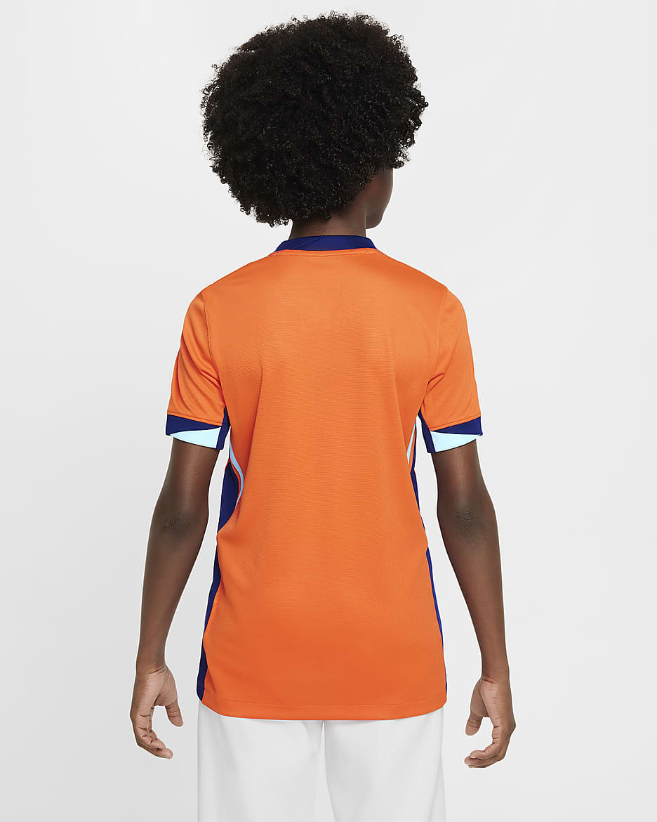 Holland 2024/25 Stadium Home Nike Dri-FIT Replica-fodboldtrøje til større børn (kvindehold) - Safety Orange/Blue Void/Copa/Blue Void