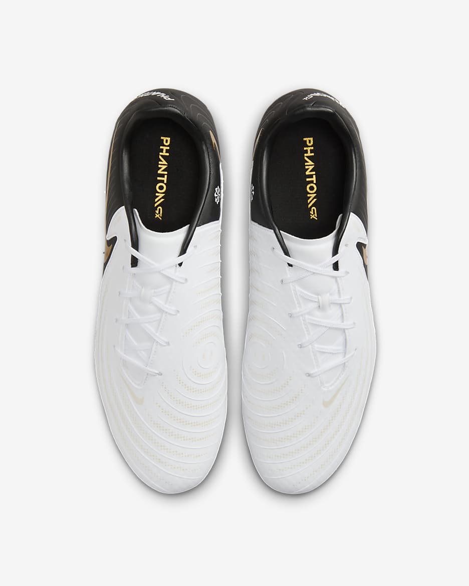 Chuteiras de futebol de perfil baixo MG Nike Phantom GX 2 Academy - Branco/Dourado Coin metalizado/Preto