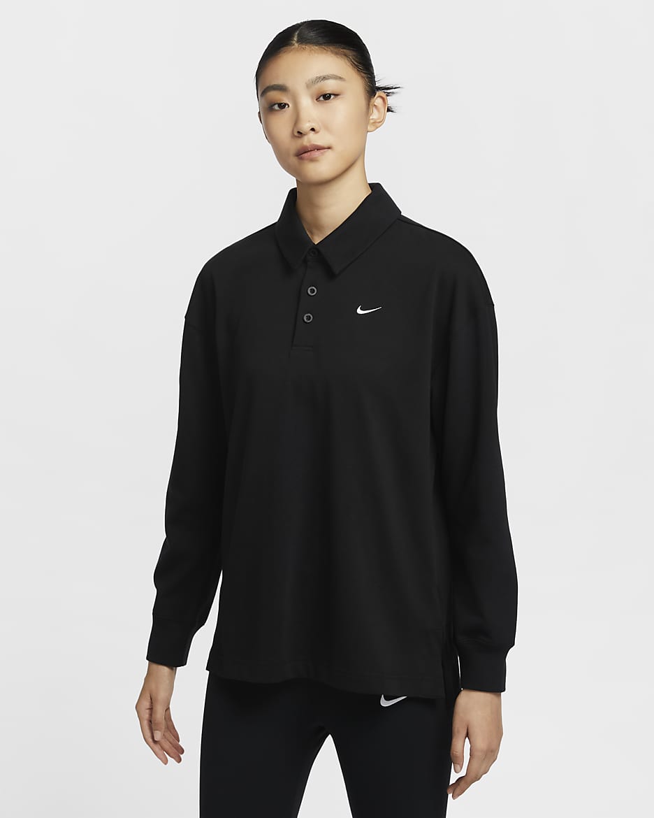 เสื้อโปโลแขนยาวขนาดโอเวอร์ไซส์ผู้หญิง Nike Sportswear Essential - ดำ/Sail