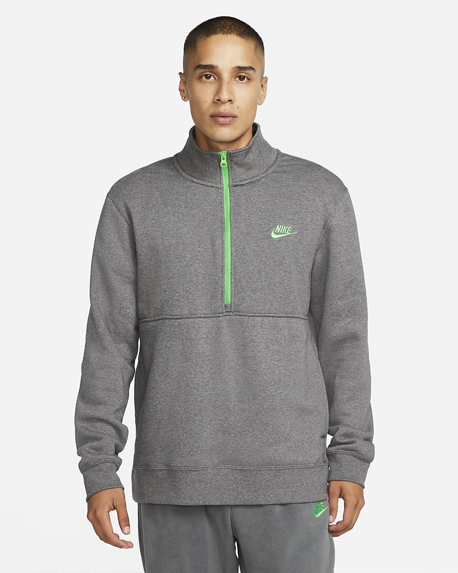 Sudadera con gorro de medio cierre e interior cepillado para hombre Nike Sportswear Club  - Carbón jaspeado/Verde chispa claro/Verde chispa claro