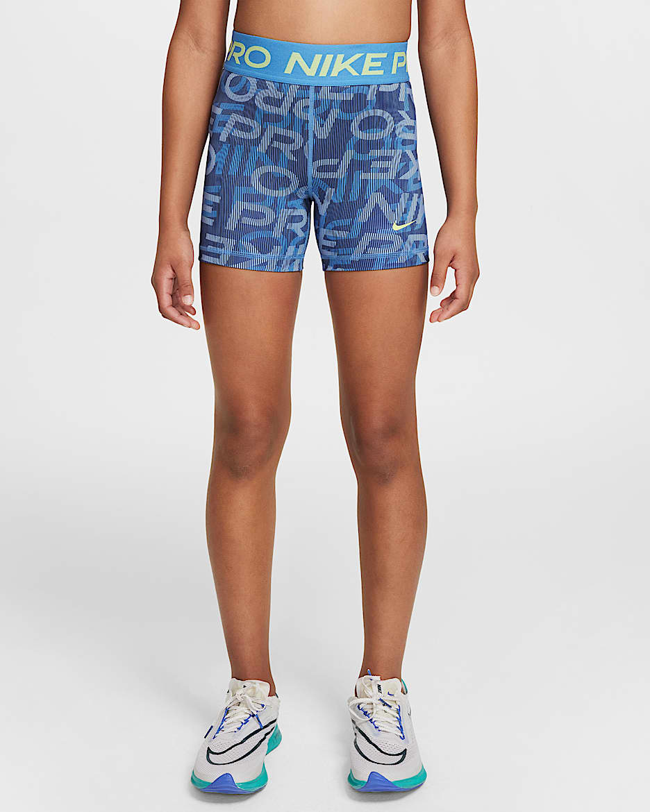 Nike Pro Older Kids' (Girls') Dri-FIT 7.5cm (approx.) Shorts - Blue Beyond/Blue Beyond/Light Lemon Twist
