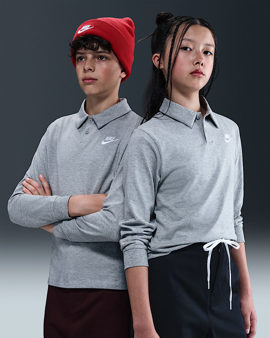 Nike Sportswear Club Big Kids' Knit Long-Sleeve Polo - Dark Grey Heather/Smoke Grey/White