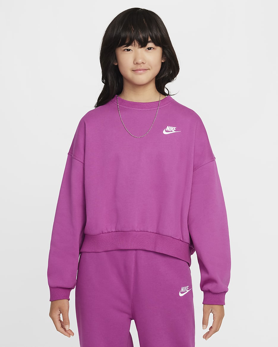 Sudadera de cuello redondo Dri-FIT de corte cuadrado para niña Nike Sportswear Club Fleece - Fucsia cálido/Blanco