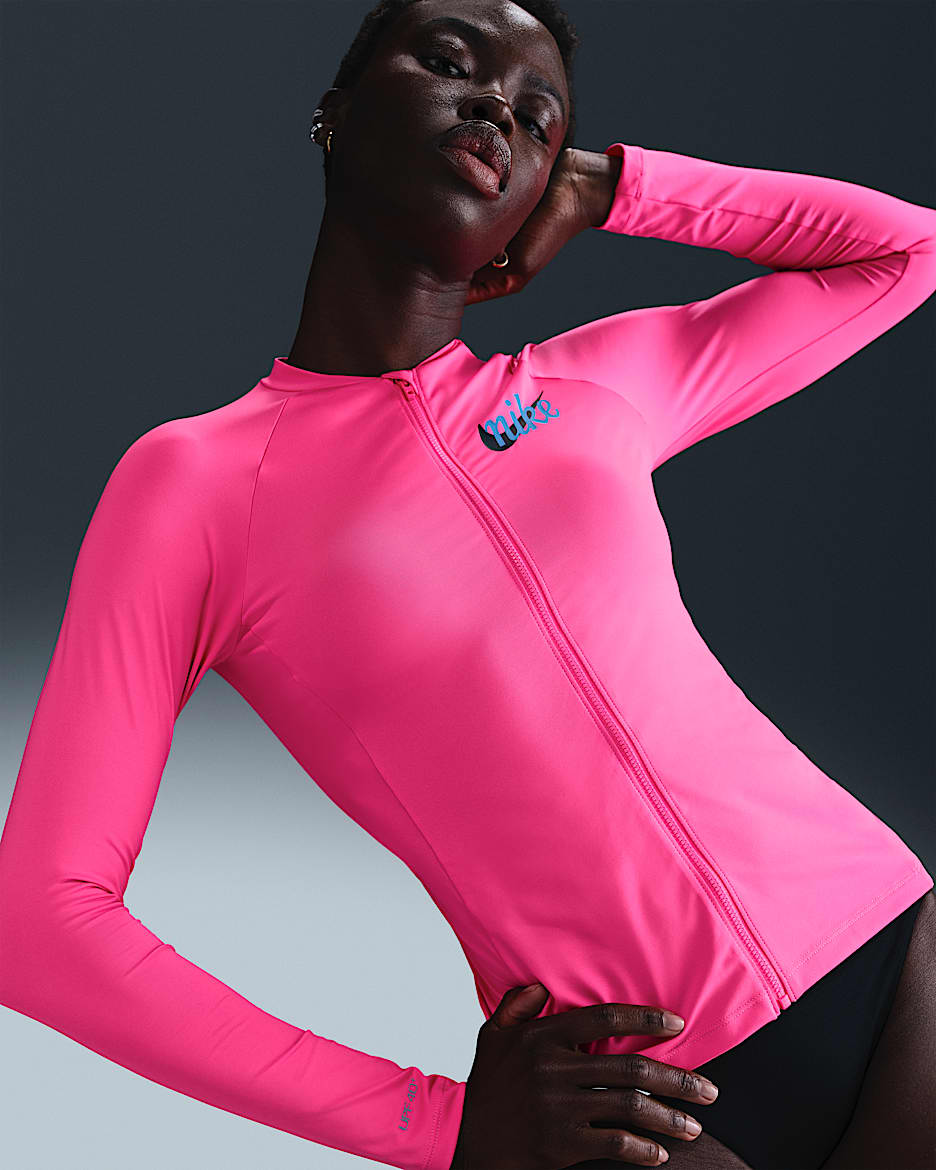Playera hydroguard de manga larga de cierre para mujer Nike Swim Essential - Hiperrosa