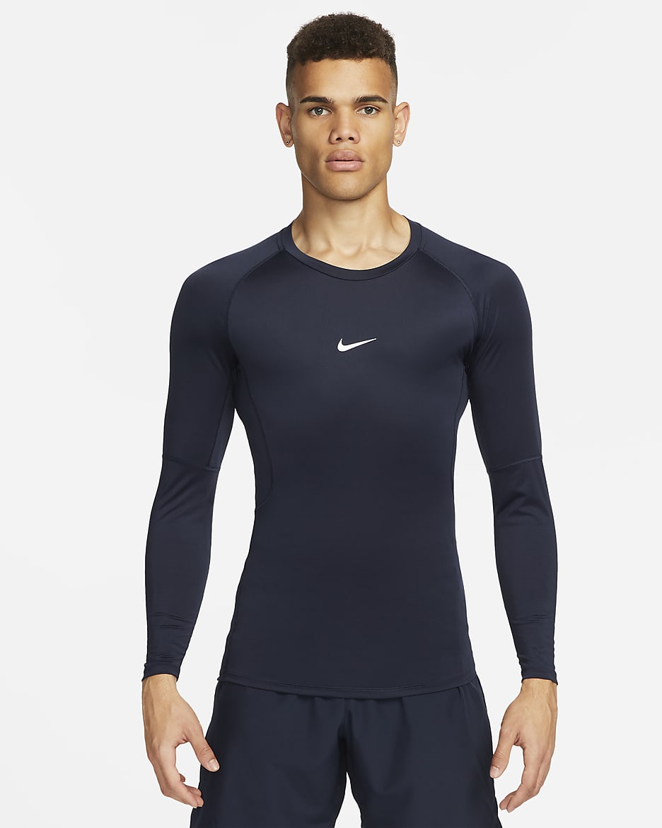 Nike Pro Dri-FIT tettsittende, langermet treningsoverdel til herre - Obsidian/Hvit