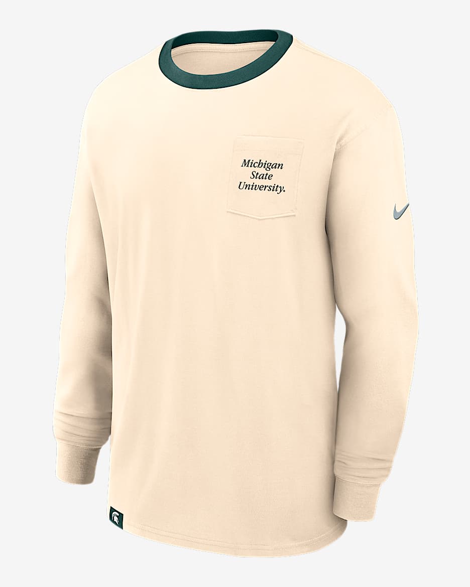 Playera de manga larga universitaria Nike para hombre Michigan State Athletic Prep Max90 Pocket Logo - Natural