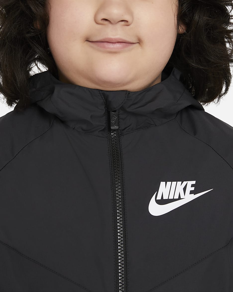 Nike Sportswear Windrunner lockere, hüftlange Jacke mit Kapuze für ältere Kinder (Jungen) (erweiterte Größen) - Schwarz/Schwarz/Schwarz/Weiß