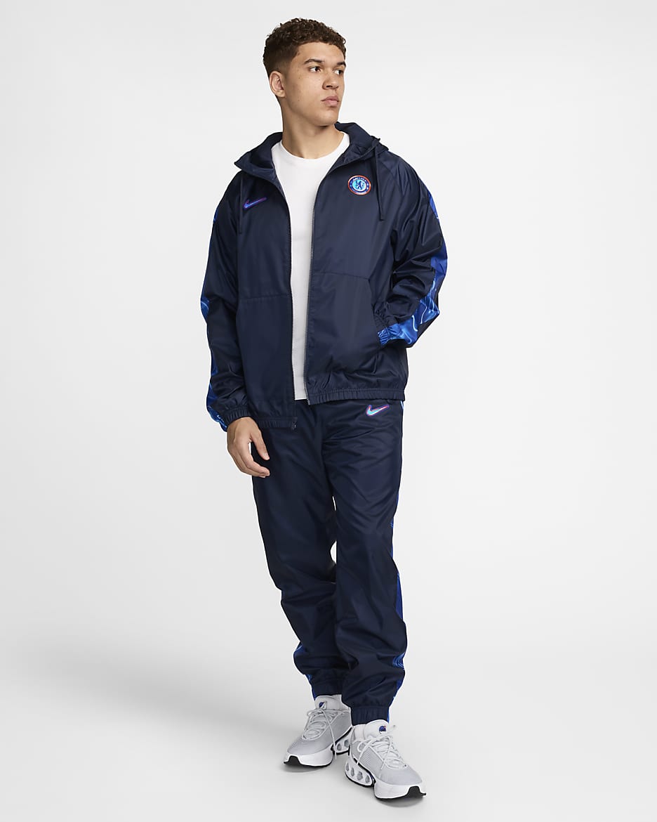 Chelsea F.C. Men's Nike Football Hooded Woven Tracksuit - Obsidian/Obsidian/White