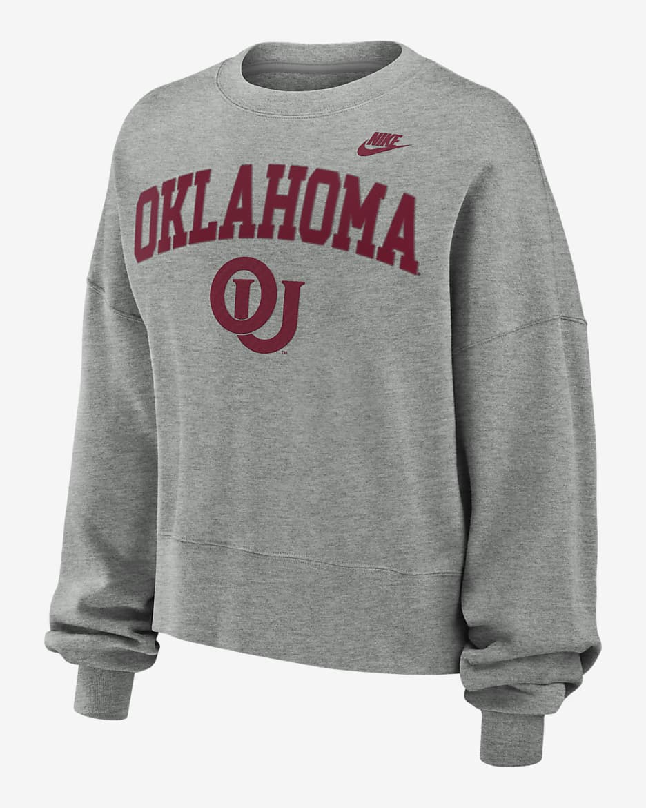 Sudadera de cuello redondo sin cierre universitaria Nike para mujer Oklahoma Sooners Legacy Classic Arch - Gris jaspeado