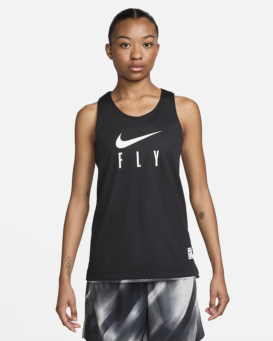 Camiseta de tirantes de básquetbol Dri-FIT reversible para mujer Nike Swoosh Fly - Negro/Blanco