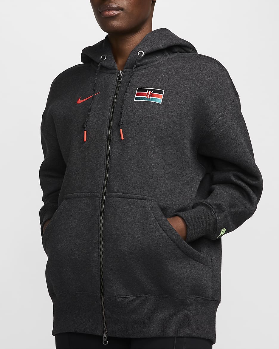 Team Kenia Phoenix Fleece Nike oversized fleecehoodie met rits over de hele lengte voor dames - Black Heather/Key Lime/Zwart/Chile Red