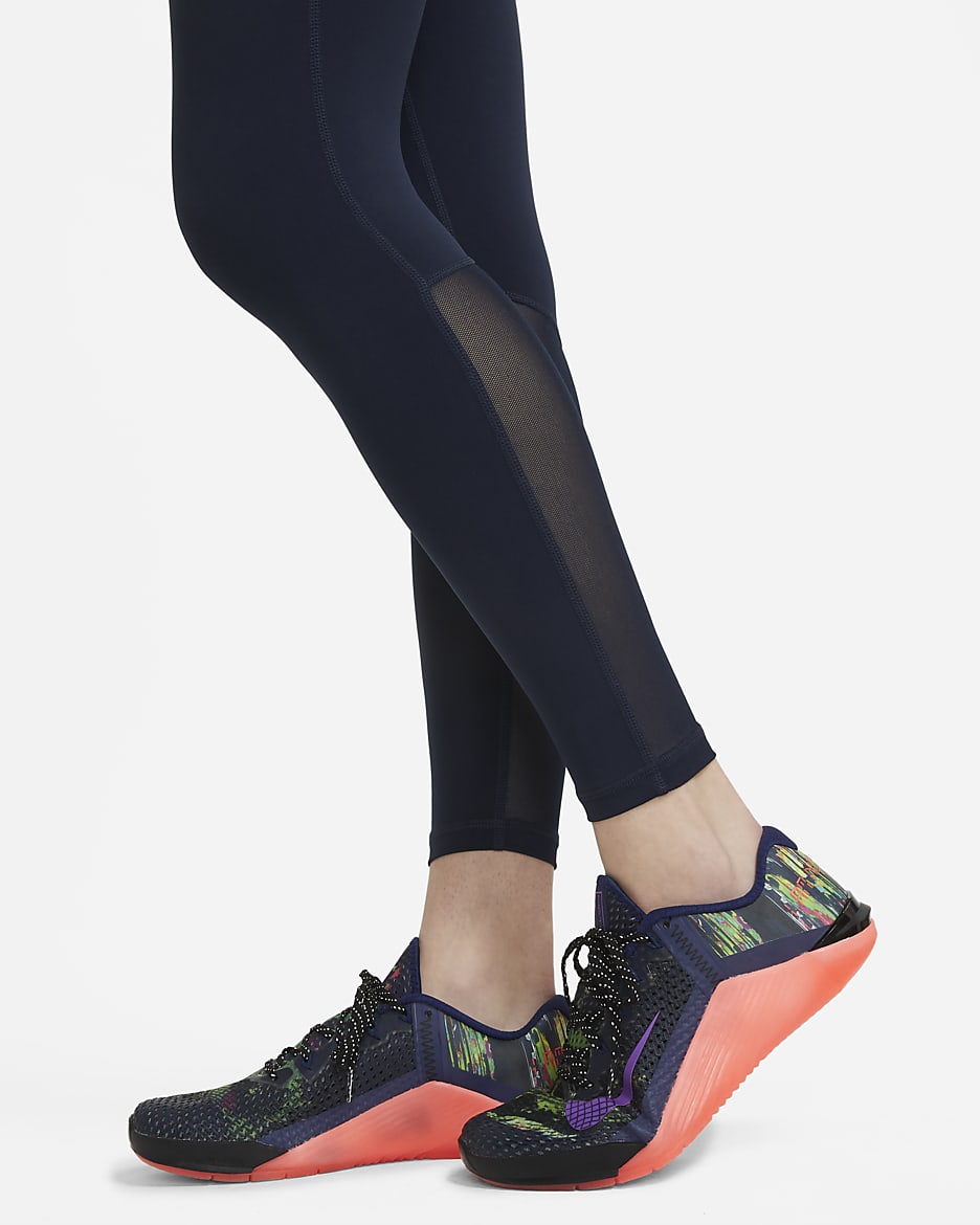 Nike Pro Legging met halfhoge taille en mesh vlakken voor dames - Obsidian/Wit