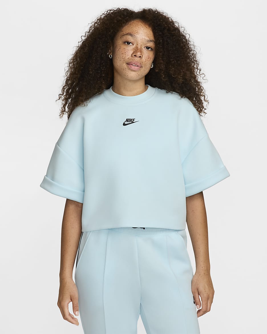 Playera cropped de manga corta oversized para mujer Nike Sportswear Tech Fleece - Azul glacial/Negro