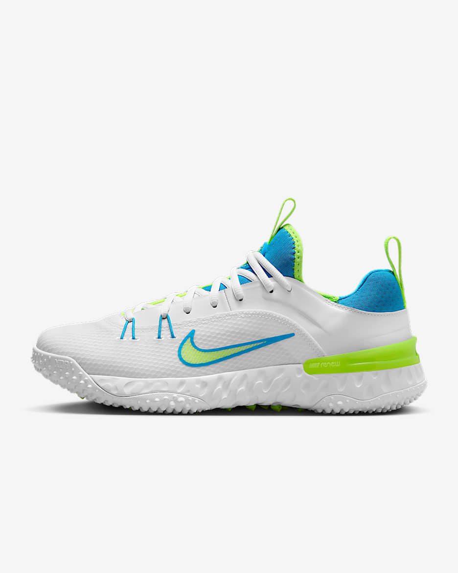 Nike Huarache 9 Elite TF LAX SE Lacrosse Shoes - White/White/Volt/Vivid Blue
