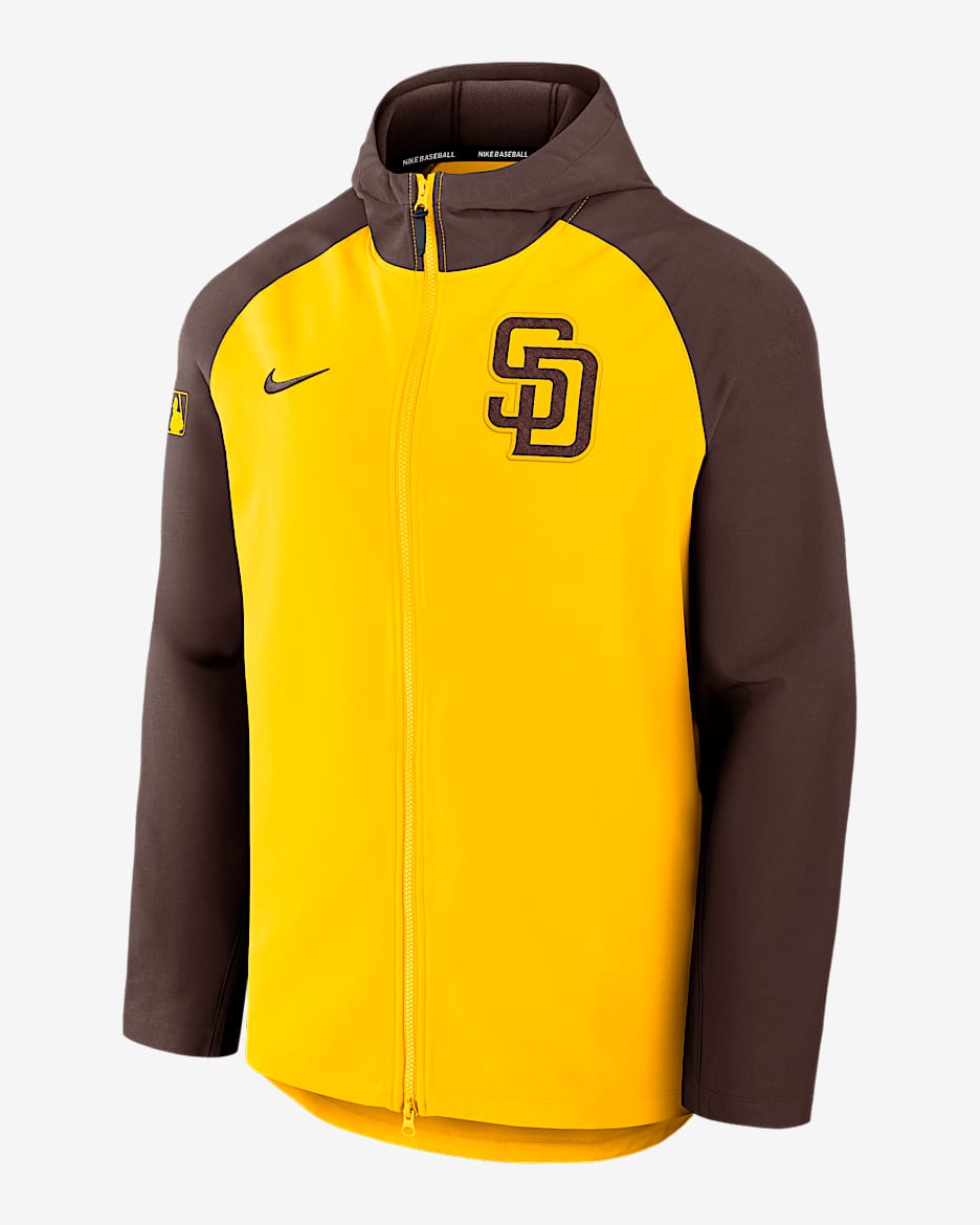 Chamarra Nike Therma de la MLB de cierre completo para hombre San Diego Padres Authentic Collection - Oro