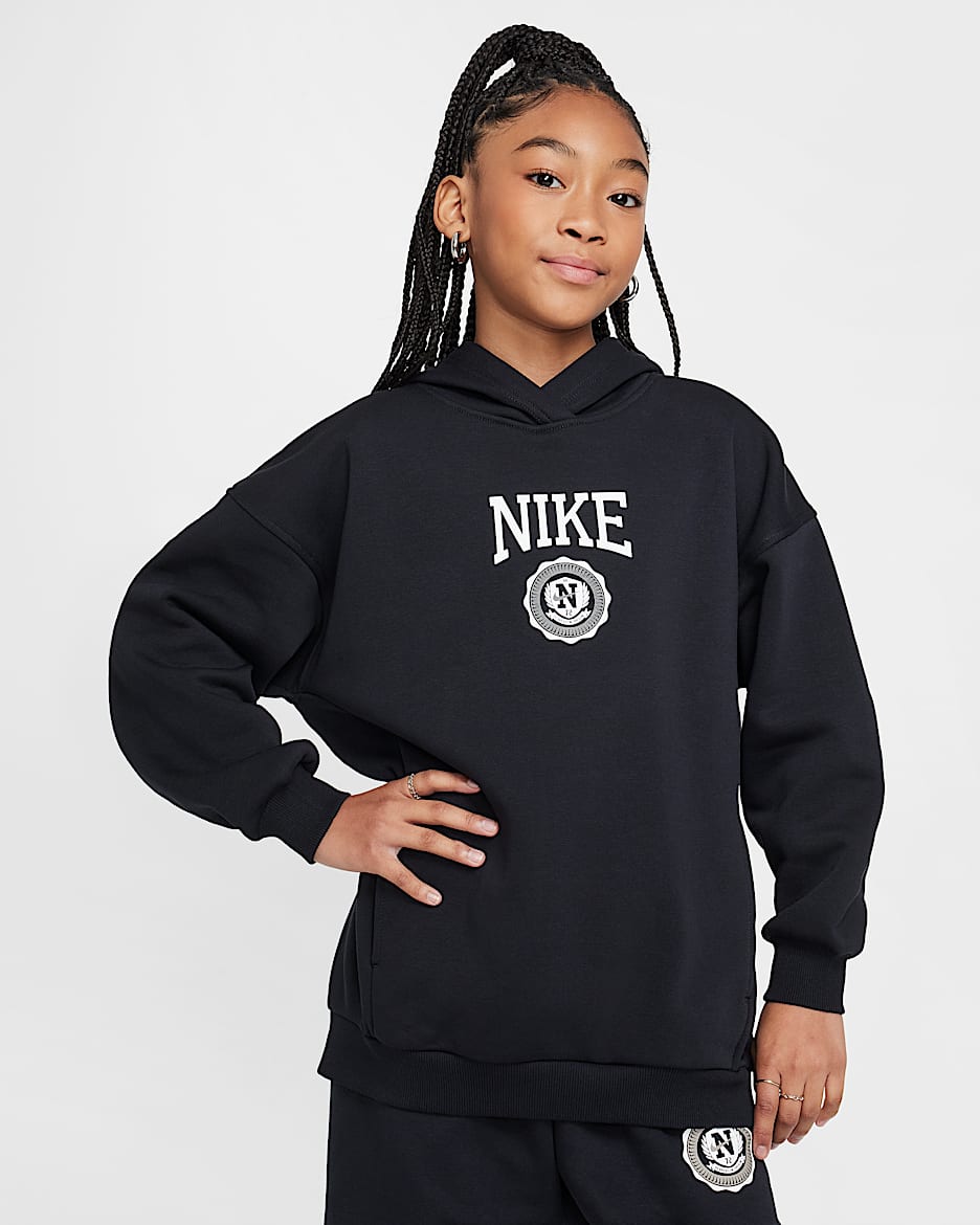 Nike Sportswear Club Fleece Girls' Oversized Pullover Hoodie - Black/White