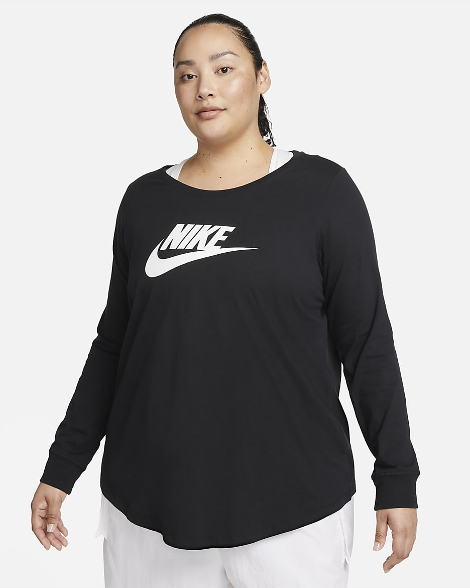 Playera de manga larga para mujer (talla grande) Nike Sportswear Club - Negro/Blanco